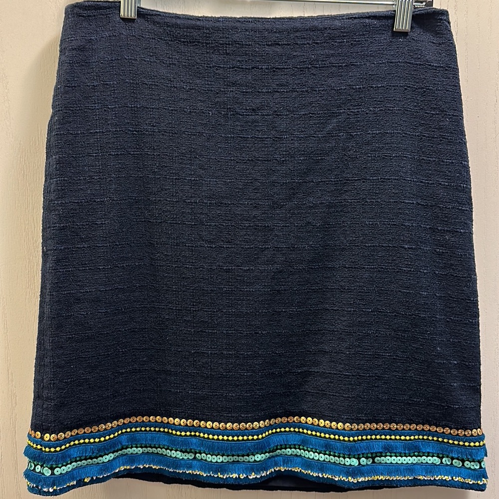 Talbots Womens Pencil Skirt SZ 8 Navy Blue Sequin Fringe Embellished Knee Length